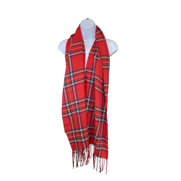 Red Tartan Plaid Fringe Scarf 68"x13" | Preppy Grunge Holidaycore Classic - Picture 1 of 7